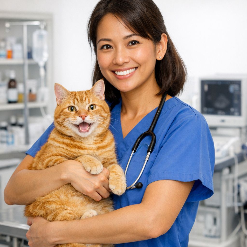 แมวมีความสุขขณะตรวจสุขภาพกับสัตวแพทย์