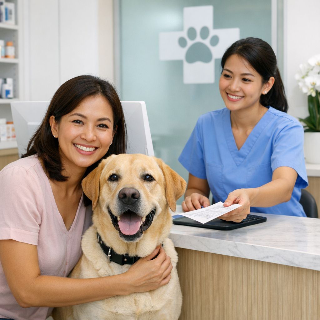 เจ้าของสัตว์เลี้ยงกับสุนัขที่เคาน์เตอร์ต้อนรับคลินิก