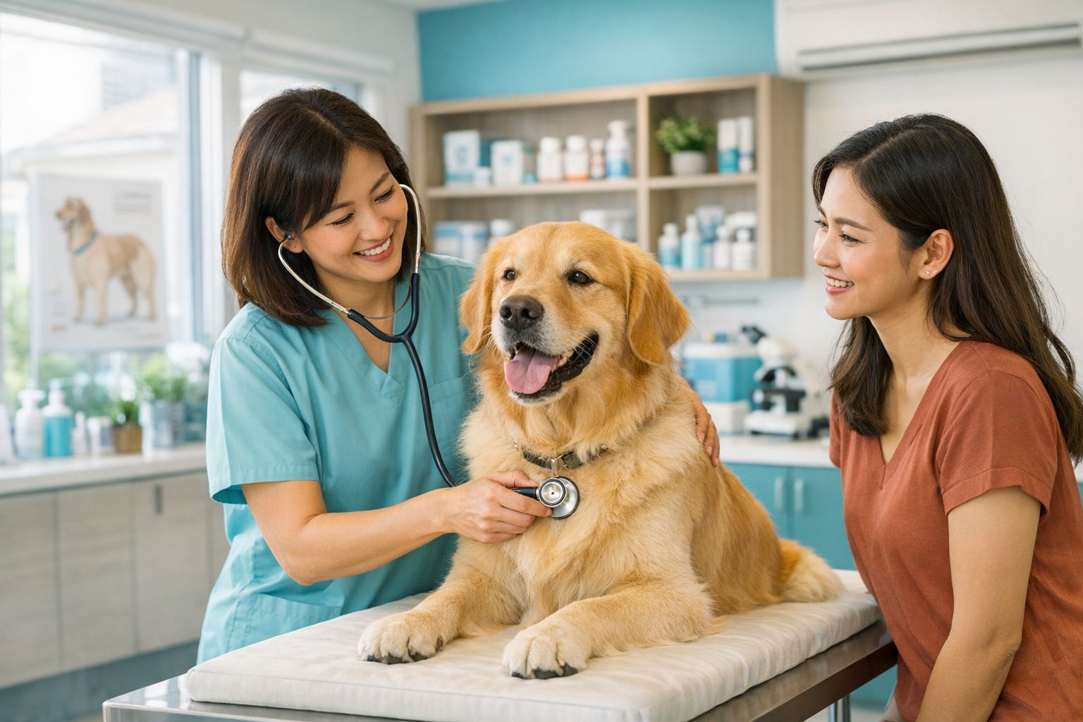 สัตวแพทย์ตรวจสุนัขโกลเด้นรีทรีฟเวอร์ในคลินิกสัตว์สมัยใหม่