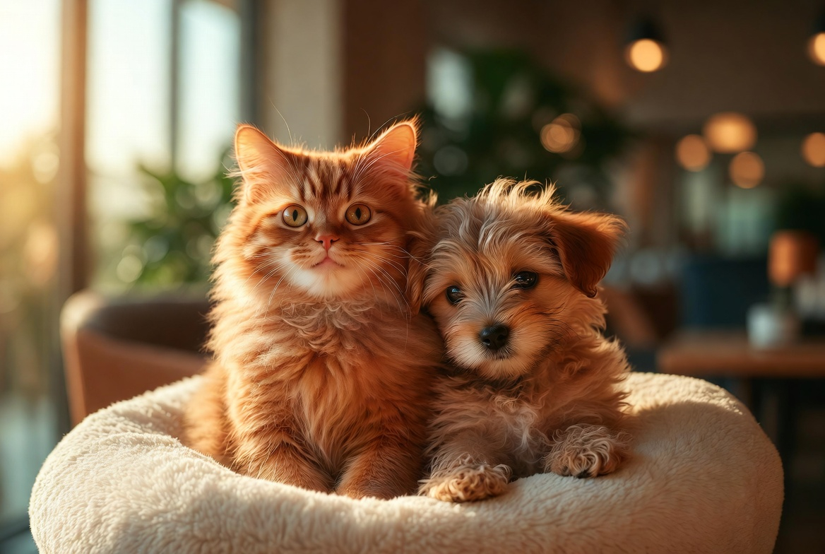 Happy cat and puppy together in a warm veterinary waiting room